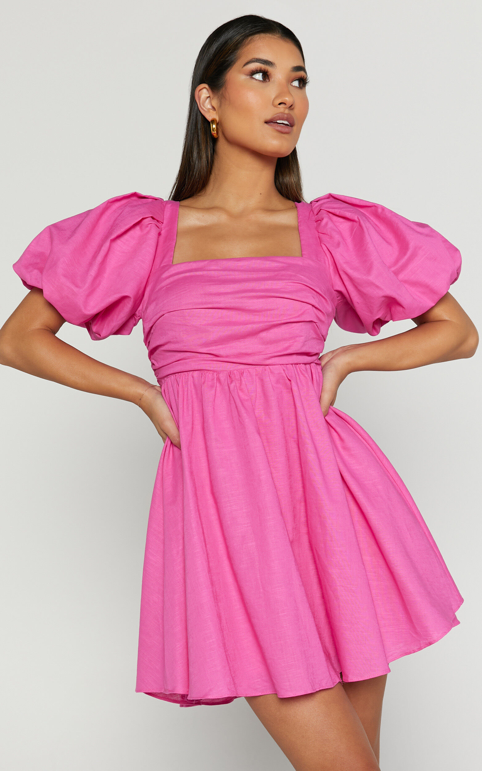 Clara Mini Dress Square Neck Short Puff Sleeve in Pink Showpo