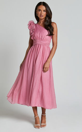 Dorothy Midi Dress - One Shoulder Frill Detail Fit and Flare Dress in Pink 