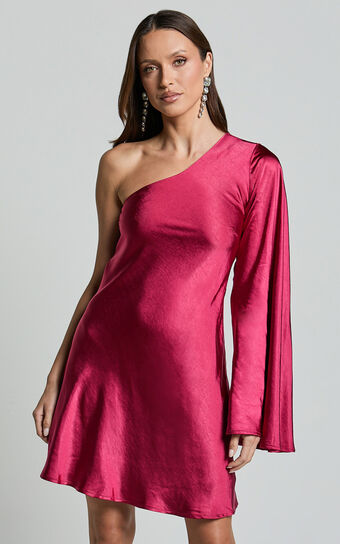 Karla Mini Dress - One Shoulder Long Sleeve Dress in Berry