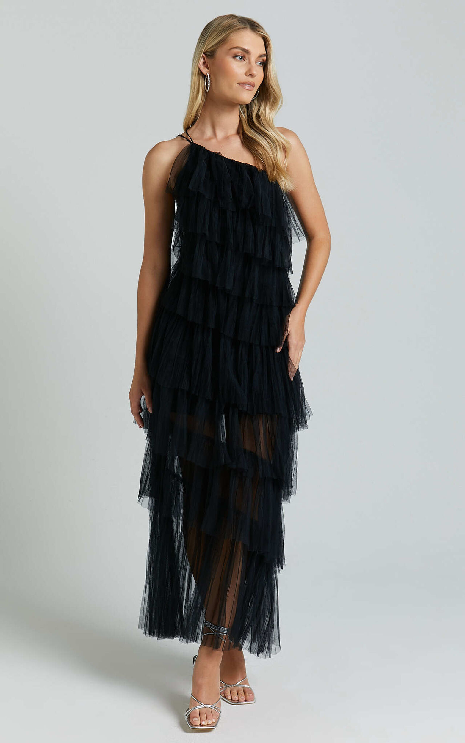 Maddison Midi Dress - Tulle One Shoulder Dress in Black - 06, BLK1