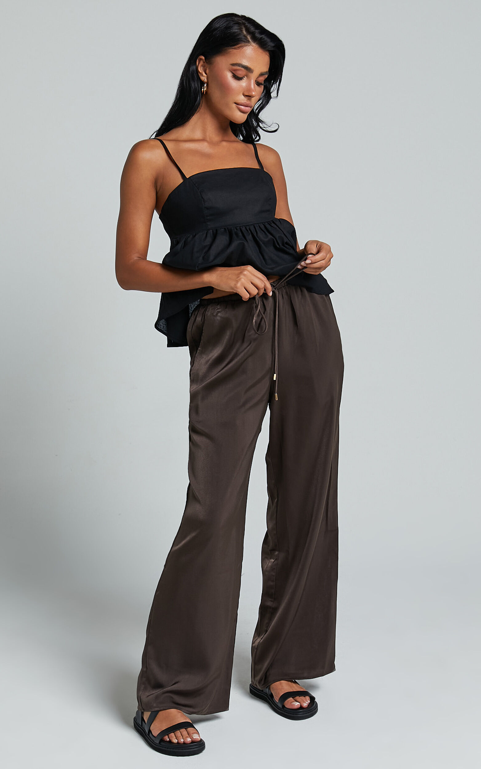 Carlynne Pants - Satin Relaxed Mid Rise Drawstring Pants in