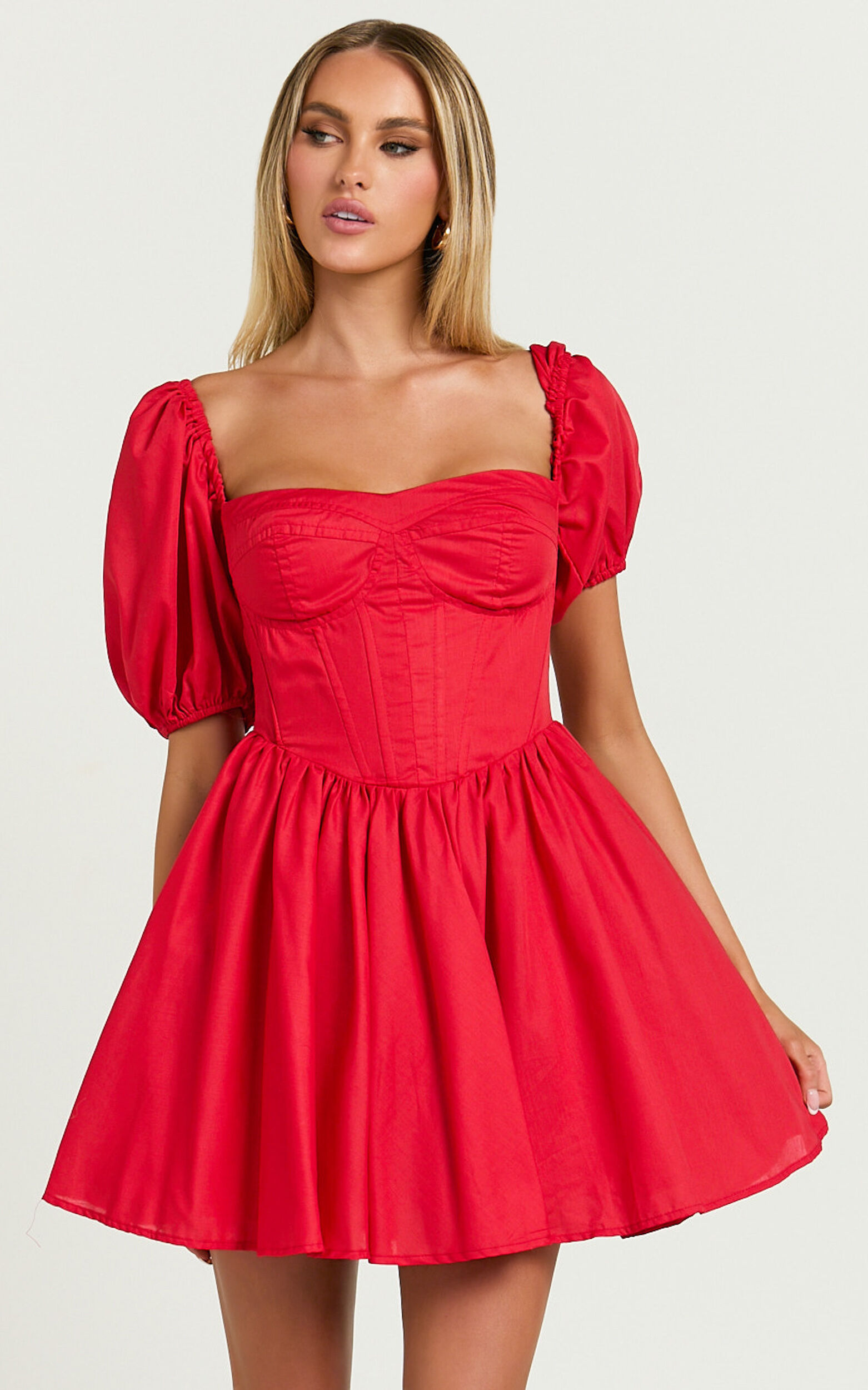 Souza Mini Dress Fit and Flare Puff Sleeve Corset Dress in Red Showpo