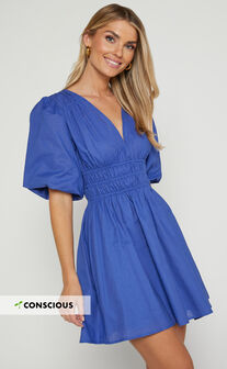 Francesca V Neck Puff Sleeves Mini Dress in Cornflower Blue