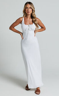 Lucas Midi Dress - Ruched Bust Linen Dress in White