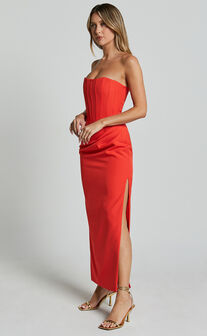 Avery Midi Dress - Strapless Draped Side Split Dress in Orange