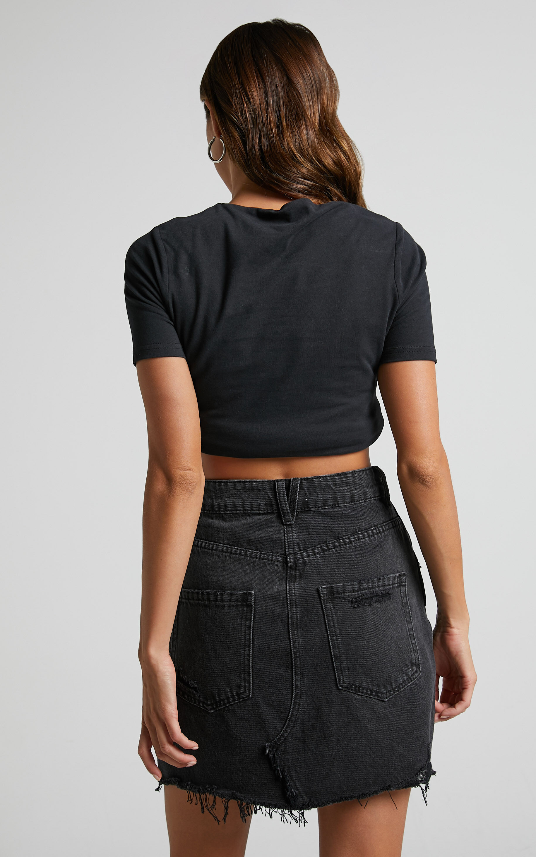 Black denim skirt raw hem top