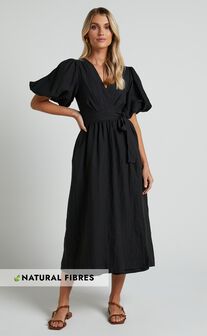 Amalie The Label - Franc Linen Puff Sleeve Wrap Midi Linen Dress in Black