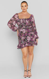 Grizela Mini Dress - Gathered Bust Long Sleeve Dres in Harvest Floral