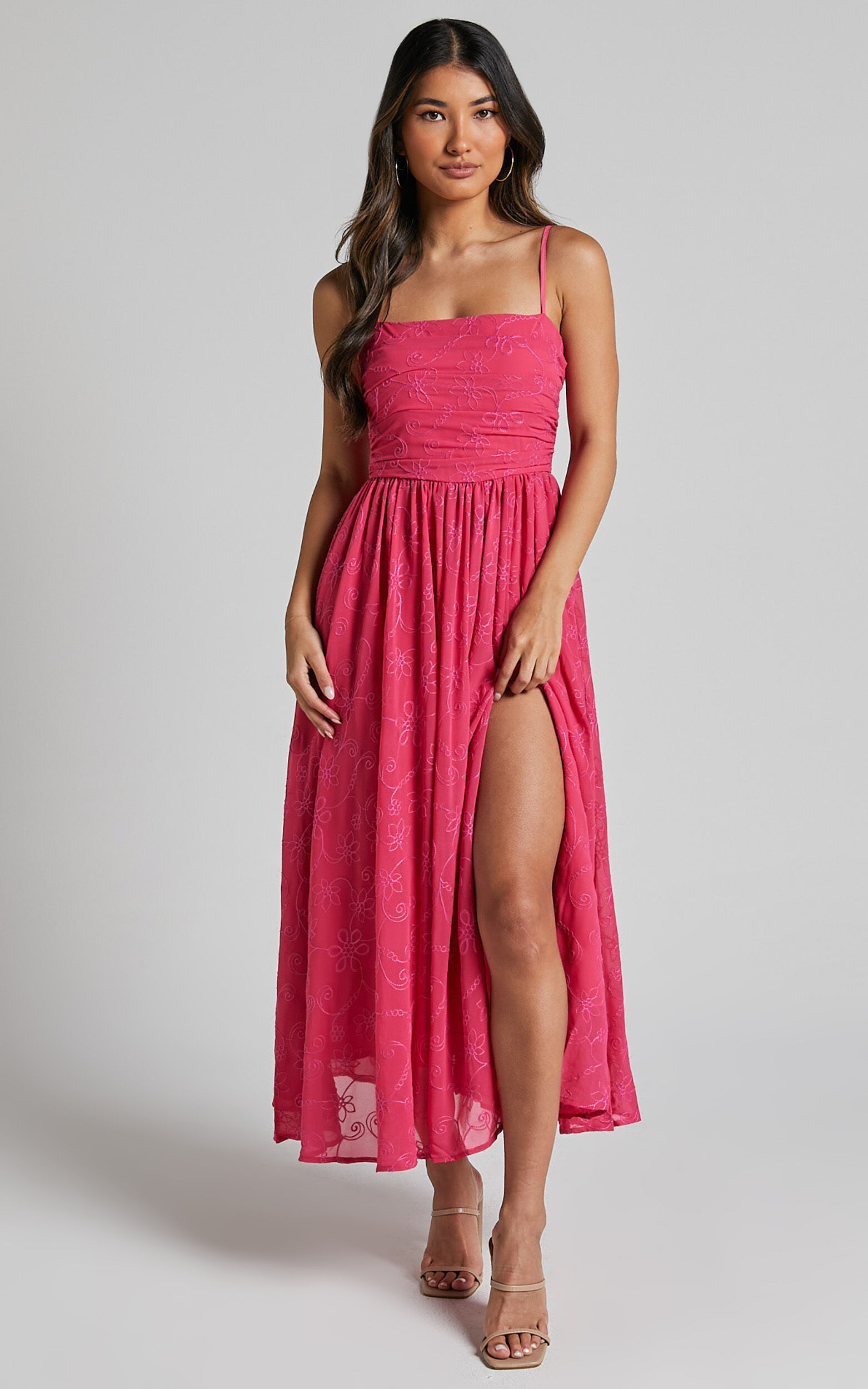 Adina Midi Dress Embroidered Strappy Straight Neck Ruched Bodice