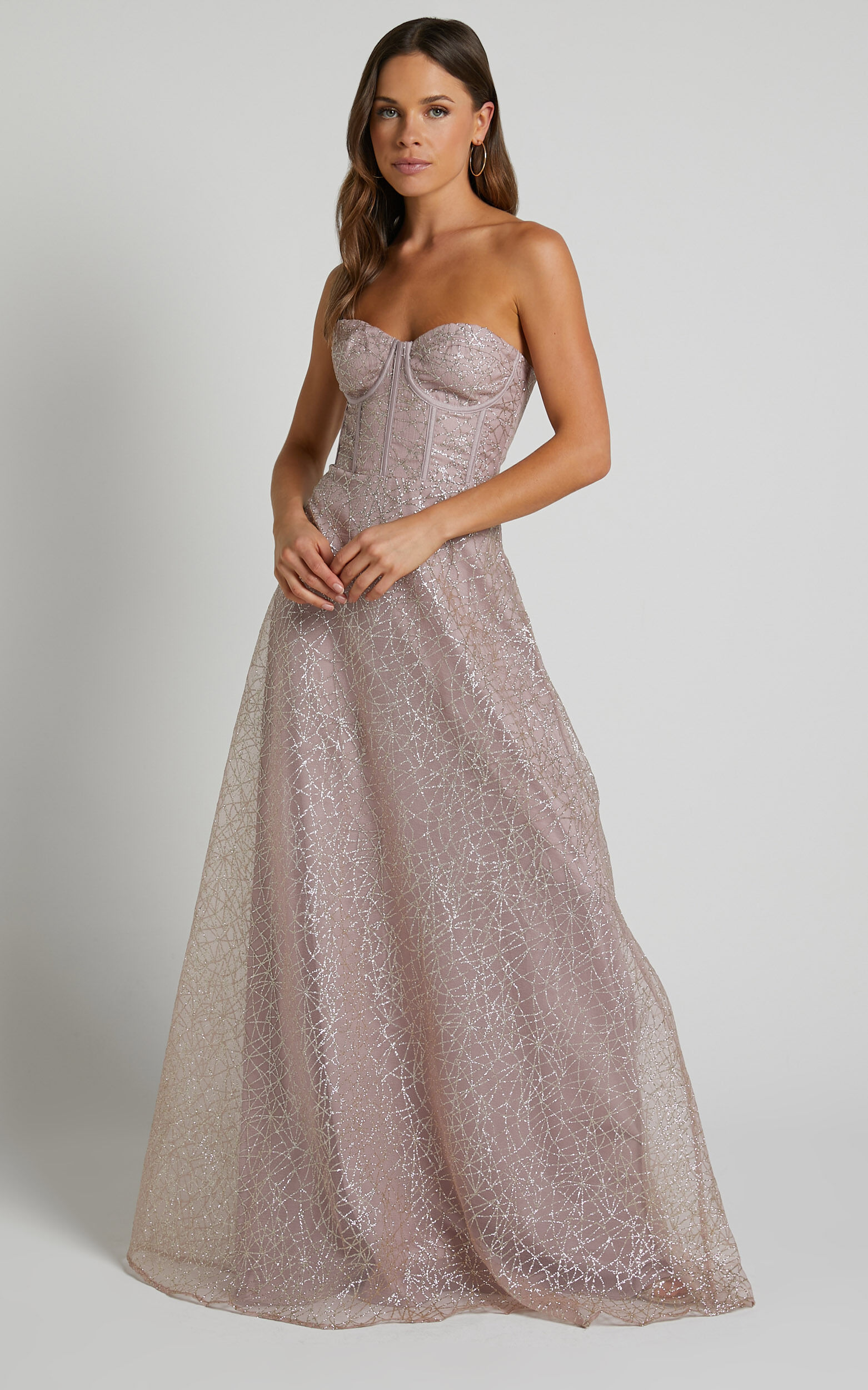 Amielita Maxi Dress Corset Bodice Glitter Tulle Dress in Blush