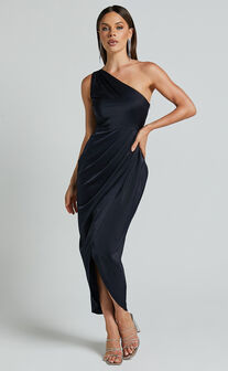 Felt So Happy Midi Dress - One Shoulder Drape Dress in Navy