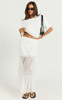 Emilia Maxi Skirt - Lace Gathered Panel Maxi Skirt in White