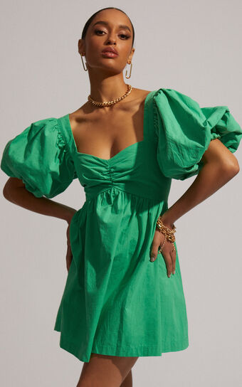 Vashti Mini Dress - Puff Sleeve Sweetheart Dress in Green