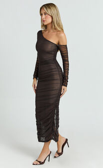 Ellen Midi Dress - Asymmetric Mesh Ruched Bodycon Dress in Brown