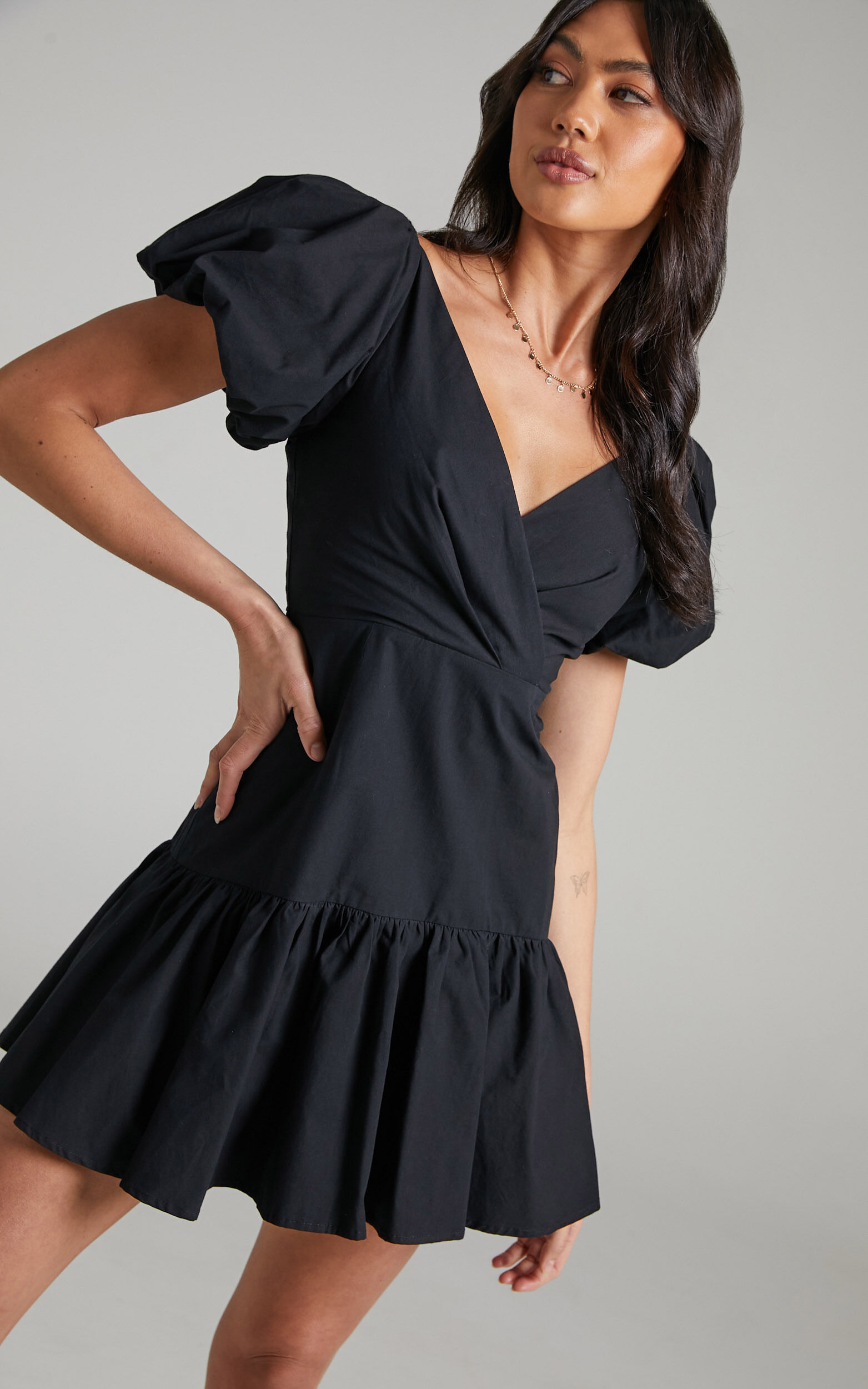 Brighton Puff Sleeve Ruffle Mini Dress in Black - 04, BLK1
