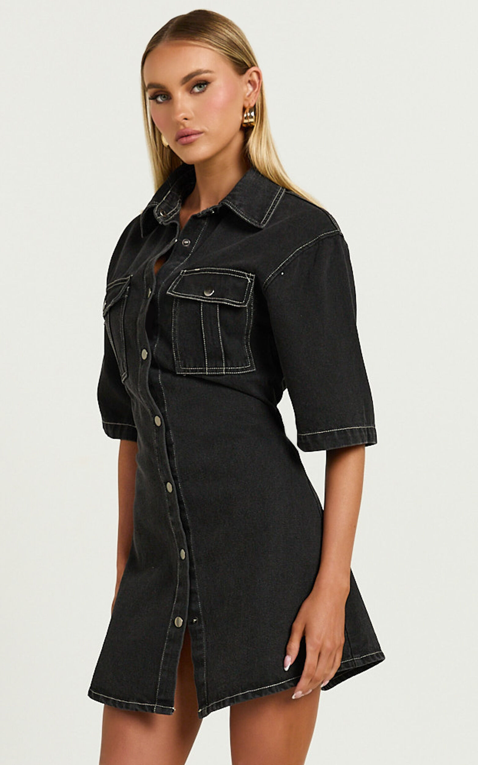 Leilani Mini Dress Denim Short Sleeve Button Up Dress in Washed Black