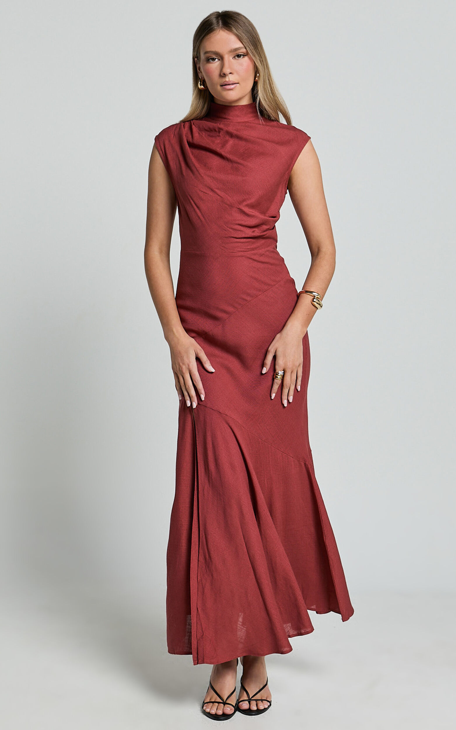 Arielle Maxi Linen Blend Dress - High Neck Thigh Split Slip Dress in Rust - 06, BRN1