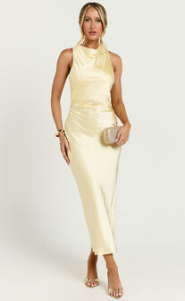 Aluna Midi Dress - High Neck Cross Back Satin Slip Dress in Lemon