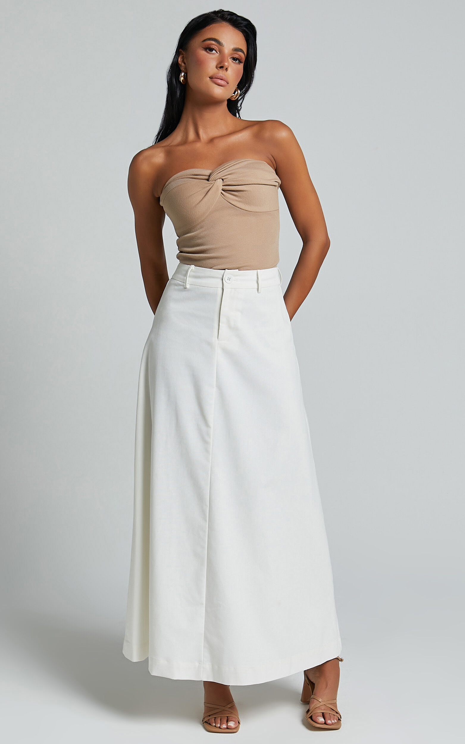 Benjie Maxi Skirt Tailored Linen Look High Waisted A Line in White