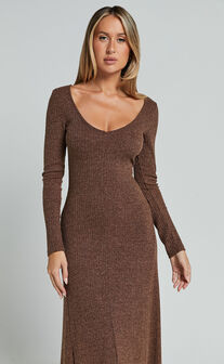 Lydia Midi Dress - V Neck Long Sleeve Knitted Dress in Chocolate