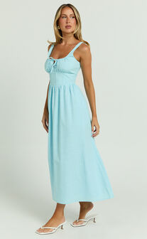 Haylee Midi Dress - Corset Waist Gathered Bust Dress in Blue