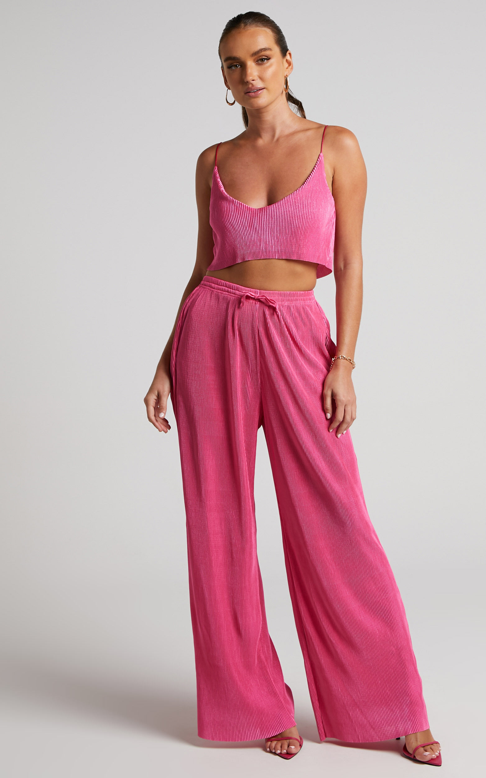 Elowen Two Piece Set - Plisse Crop Top and Relaxed Wide Leg Pants Set ...