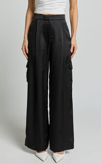 Amie Pants - High Waist Satin Tailored Cargo Pants in Black