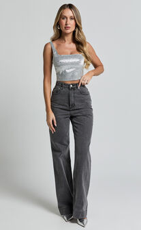 Elena Top - Metallic Jacquard Square Neck Top in Silver
