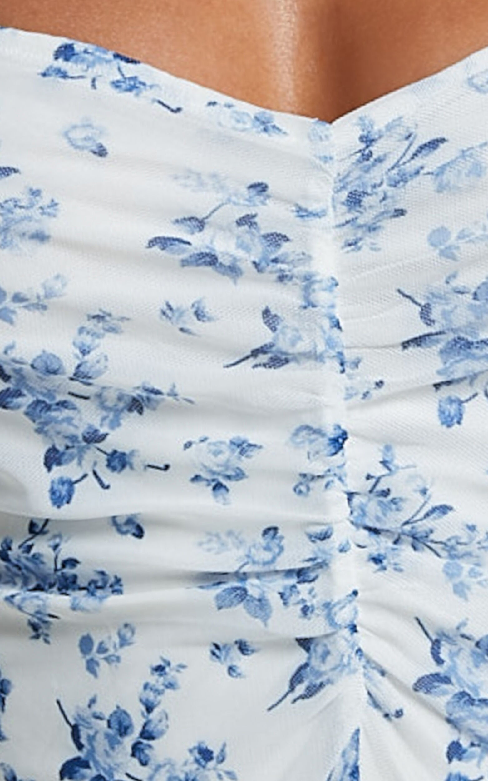 Emae Bodysuit - Long Sleeve Sweetheart Mesh Bodysuit in Blue Floral ...