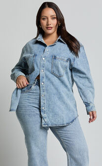 Faharra Shirt - Recycled Cotton Denim Shirt in Mid Blue Acid Wash