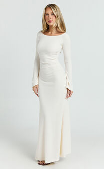 Ayla Maxi Dress - Off Shoulder Flared Sleeve Bodycon Dress in Off White