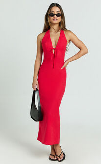 Arlette Midi Dress - Strappy V Neck Under Bust Gathered Tie Front Bias Slip Skirt Dress in Red