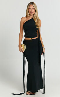 Rhoda Two Piece Set - Scarf Top and Tie Detail Maxi Skirt Set in Black