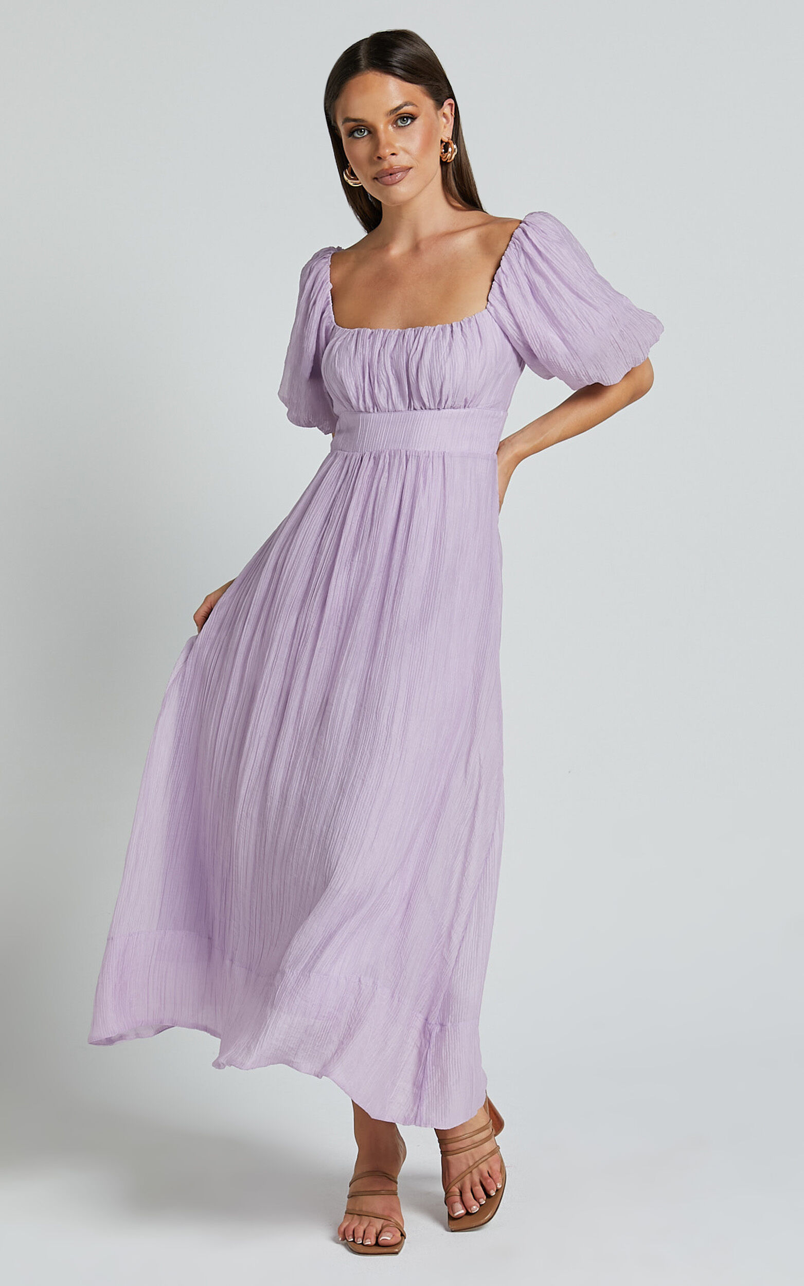 Roshina Midi Dress - Straight Neck Puff Sleeve Dress in Lavender - 06, PRP1