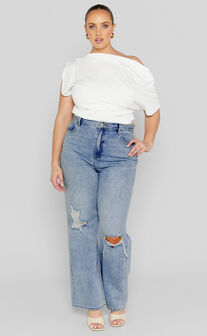 Miho Jeans - High Waisted Recycled Cotton Distressed Straight Leg Denim Jeans in Mid Blue Wash