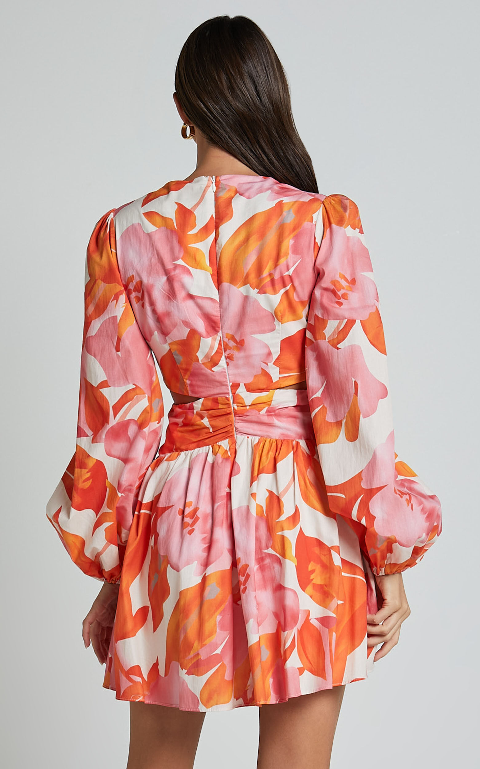 Ally Mini Dress Plunge Neck Long Sleeve A Line Dress in Print Showpo