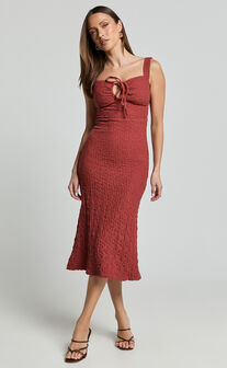 Olsen Midi Dress - Textured Wide Strap Tie Front Dress in Burnt Rust