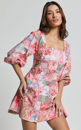 Enya Mini Dress - Puff Sleeve Empire Waist Dress in Floral Mosaic Print ...