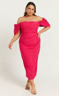 Lohan Midi Dress - Off Shoulder Puff Sleeve in Berry