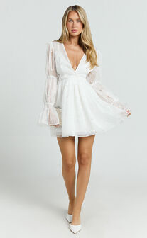 Solanna Mini Dress - Long Puff Sleeve V Neck Dress in White