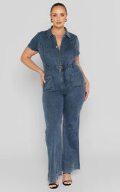 Silvena Jumpsuit - Short Sleeve Flared Denim Jumpsuit in Indigo Wash ...