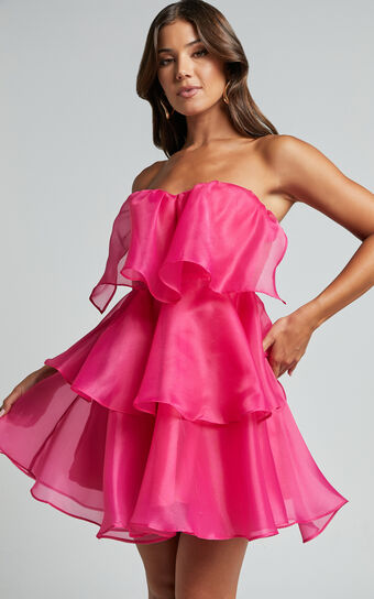 Ritta Mini Dress  Strapless Layered in Hot Pink 