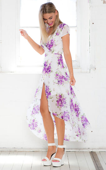 Wrap And Cross Maxi Dress In Purple Floral