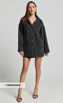 Harlow Jacket - Oversized Long Sleeve Denim Jacket in Black Wash