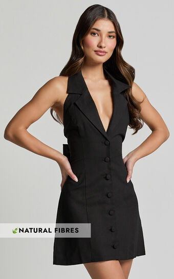 Sammie Mini Dress - Backless Halter Neck Linen Dress in Black