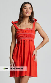 Cloe Midi Dress - Linen Look Tie Shoulder Shirred Dress in Red