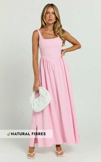 Rhaziya Midi Dress Sleeveless Straight Neck Fit and Flare in Pink No