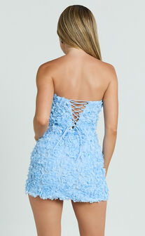 Cassia Mini Dress - Strapless 3D Floral Lace Up Back Dress in Pale Blue