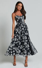Nikky Midi Dress - Organza Full Skirt Dress in Black Floral | Showpo NZ