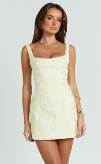 Orla Mini Dress - Jacquard Scoop Neck Fitted Dress in Lemon